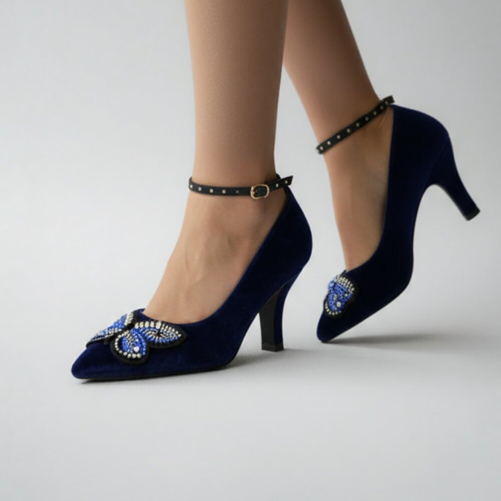 Edelman Sapphire Dark Navy Blue Butterfly Beaded Velvet Holiday Pumps Heels 7.5